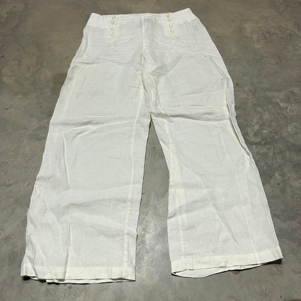 Style & Co Womens White 100% Linen Wide Leg Sailor Button Pants Size Medium